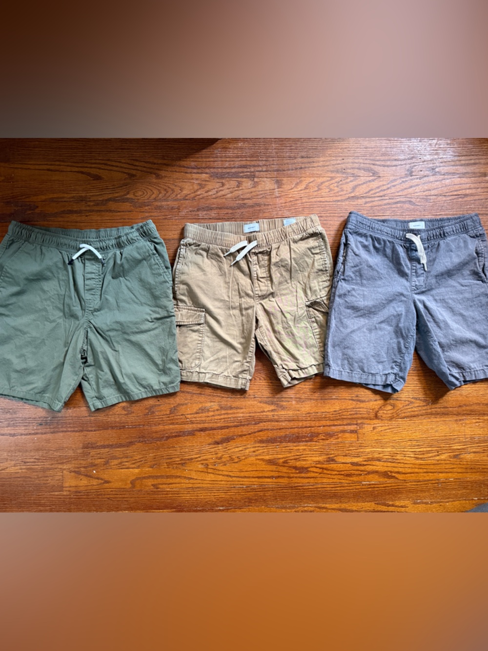 Lot of (3) Casual Cotton Drawstring Shorts - Olive, Khaki, Gray L 10/12